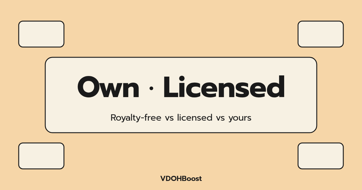 Title card: Own · Licensed, Royalty-free vs licensed vs yours